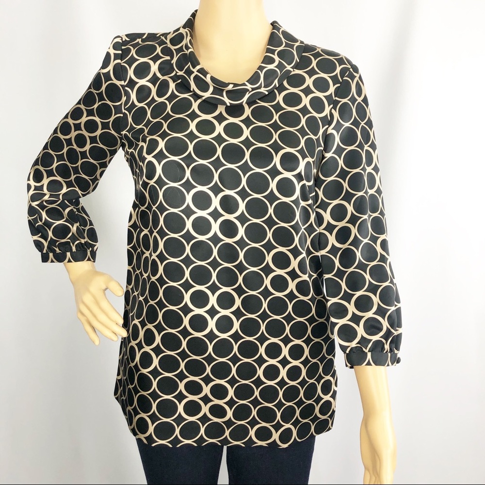 J. Crew 100% Silk Black & Tan Circle Blouse Sz. 0